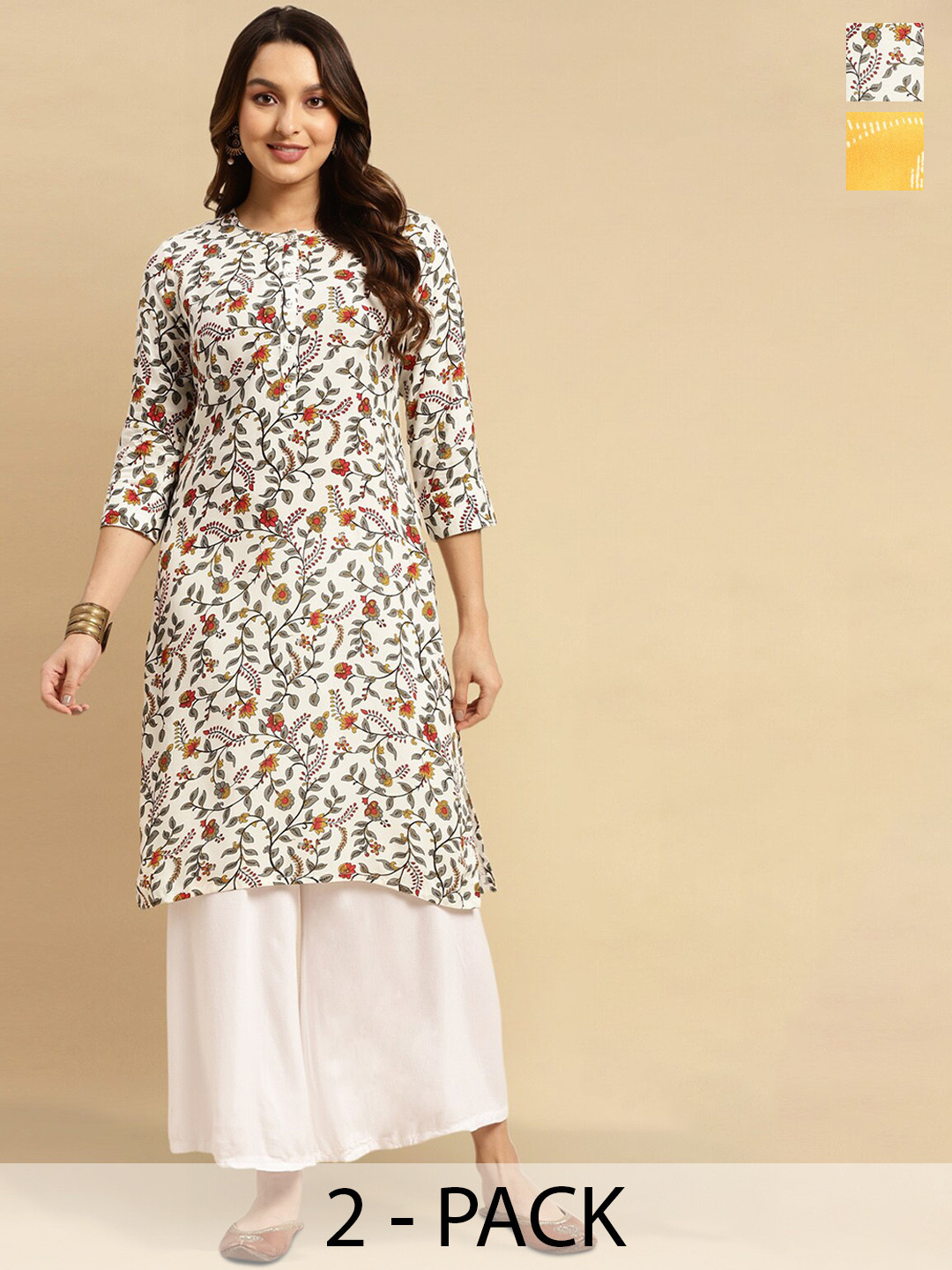 

Rangita Selection of 2 Floral Printed Round Neck Kurta, Off white