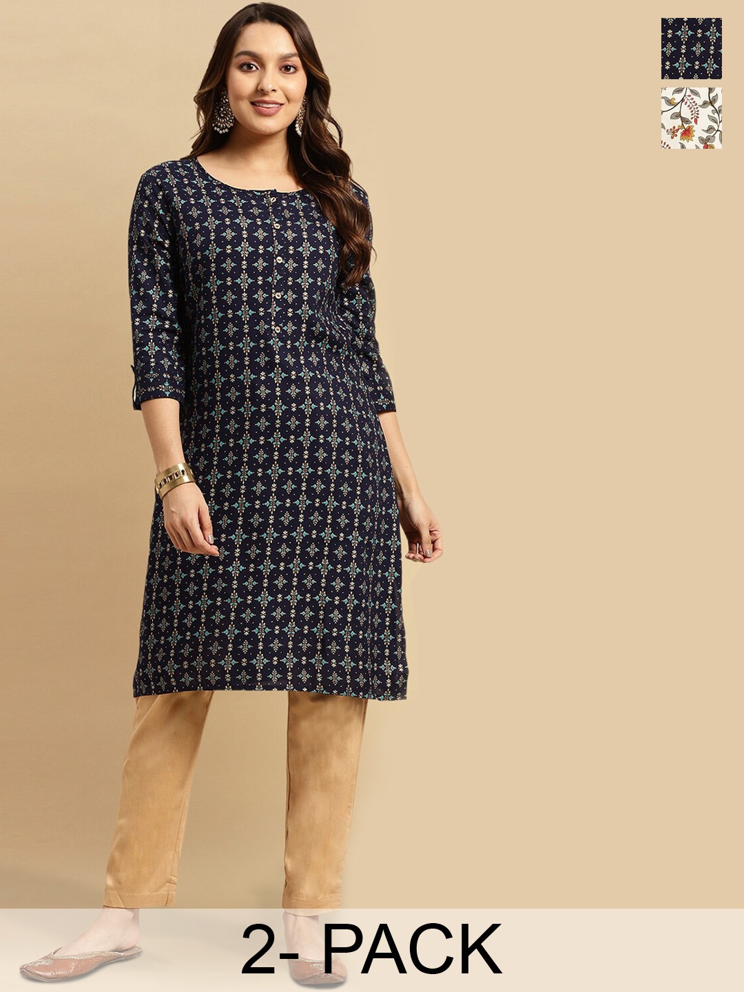 

Rangita Selection Of 2 Ethnic Motifs Printed Straight Kurtas, Navy blue