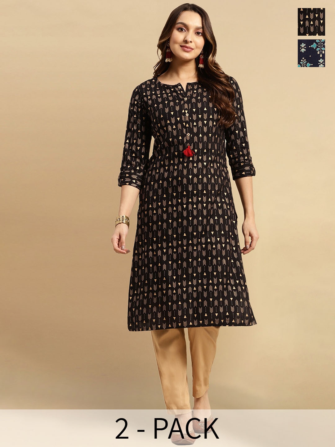 

Rangita Selection Of 2 Ethnic Motifs Printed Straight Kurtas, Navy blue