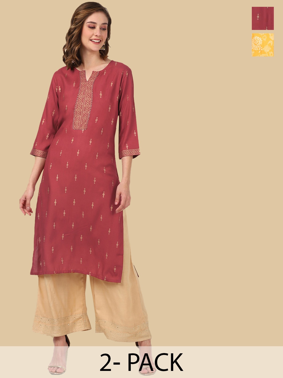 

Rangita Selection Of 2 Ethnic Motifs Printed Straight Kurtas, Yellow