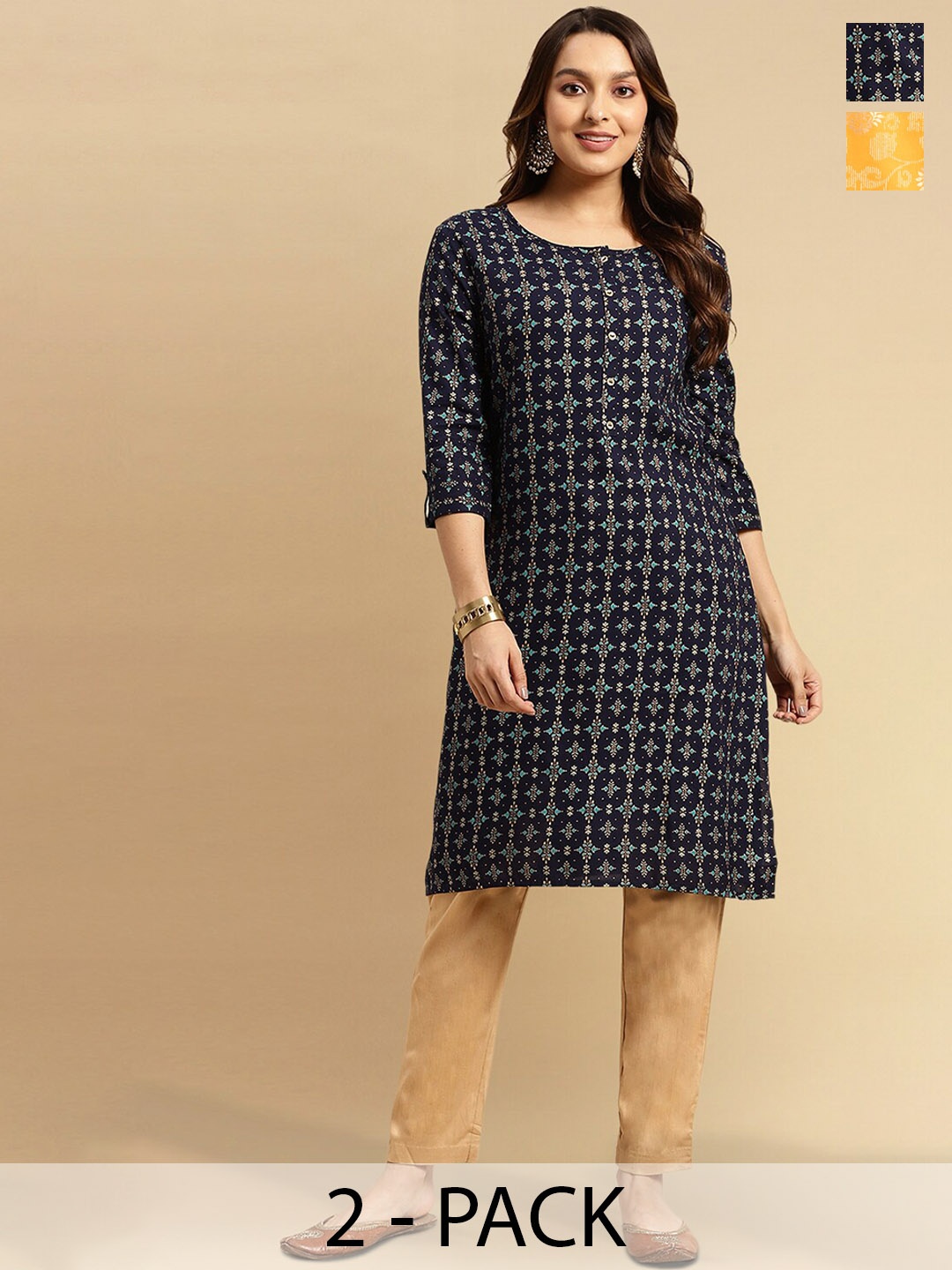 

Rangita Selection Of 2 Ethnic Motifs Printed Kurtas, Navy blue