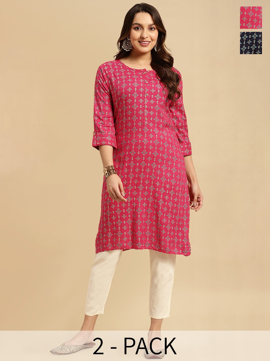 

Rangita Selection Of 2 Ethnic Motifs Printed Straight Kurtas, Pink