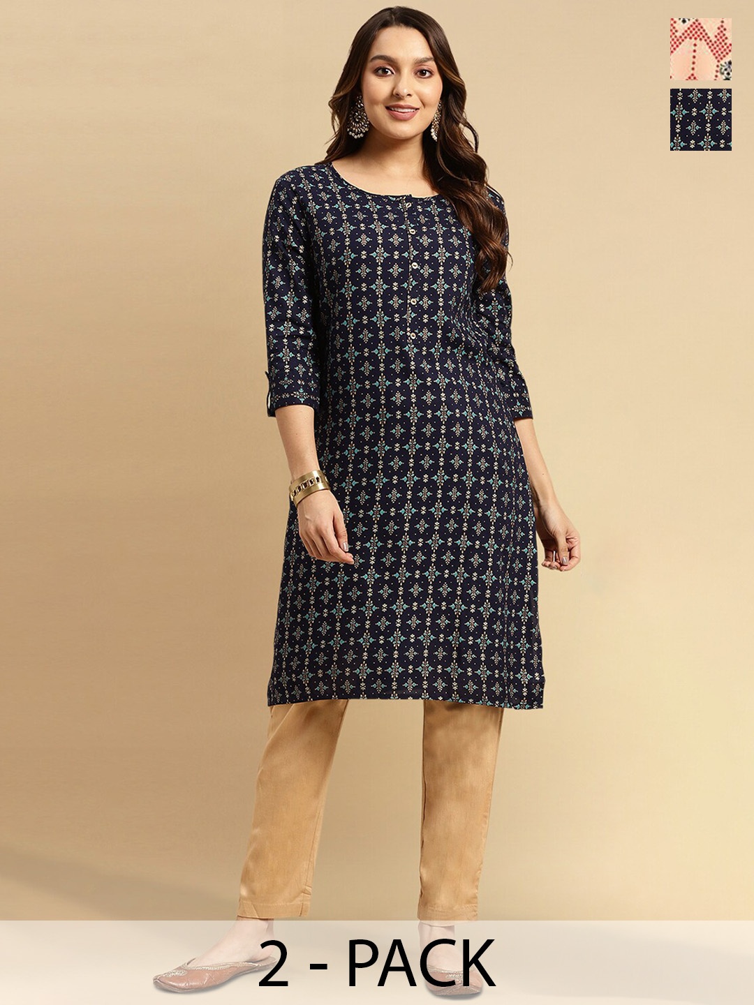 

Rangita Selection Of 2 Ethnic Motifs Printed Kurtas, Navy blue