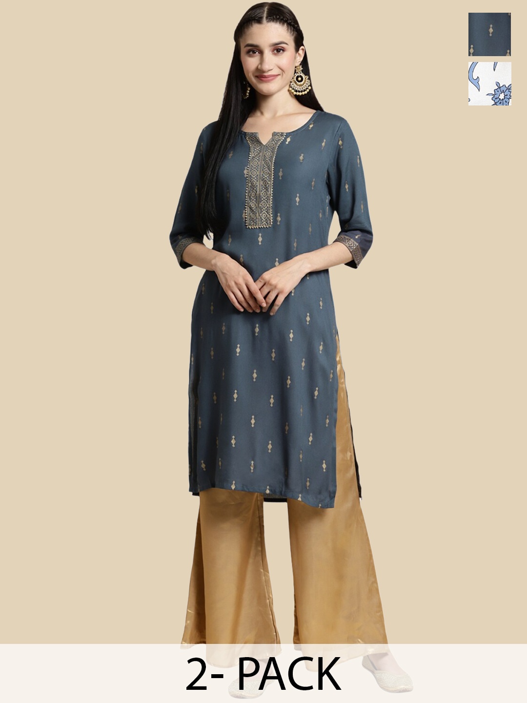 Rangita Selection Of 2 Ethnic Motifs Printed Kurta, Grey