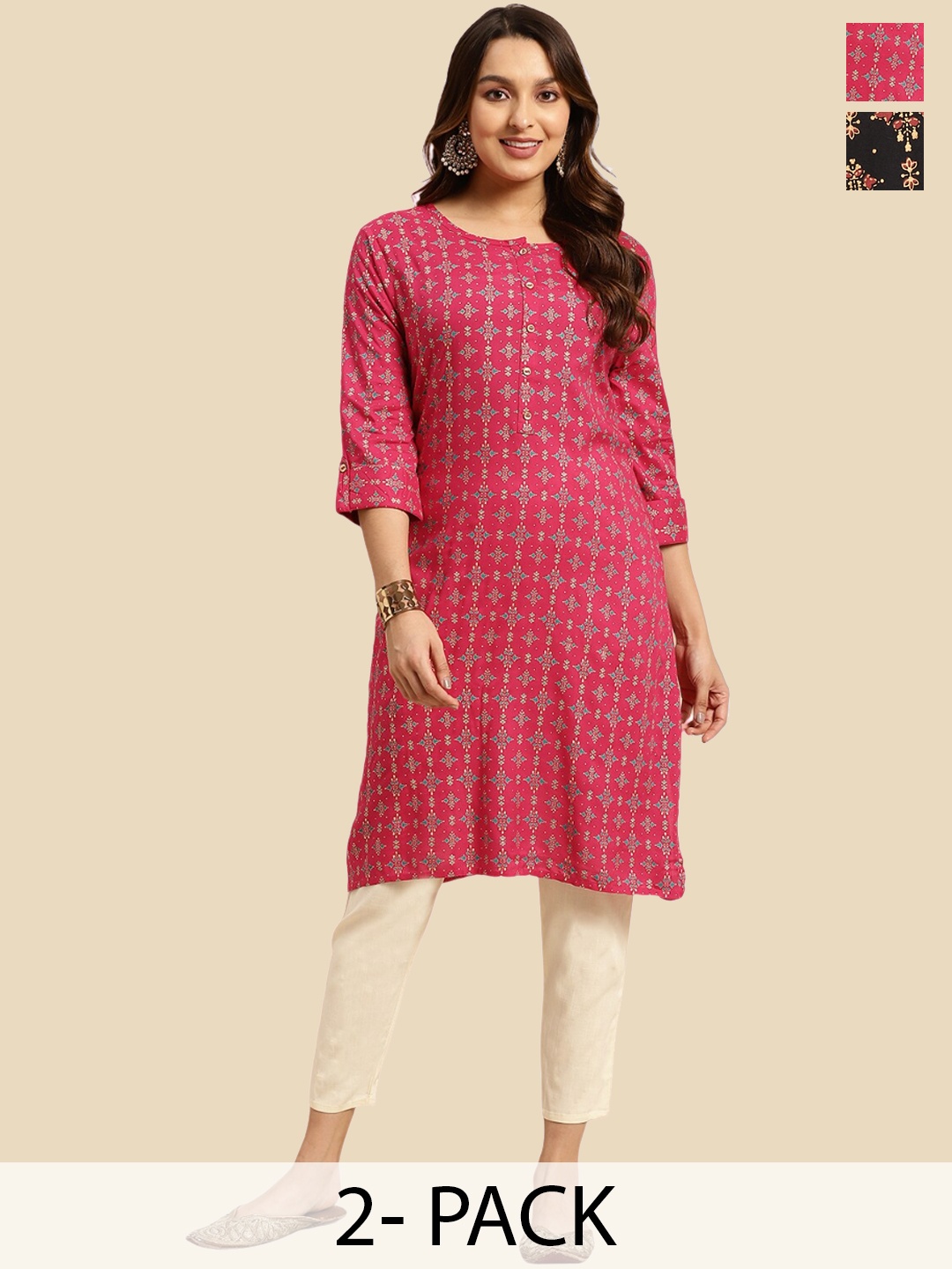 

Rangita Selection Of 2 Ethnic Motifs Printed Round Neck Straight Kurtas, Black