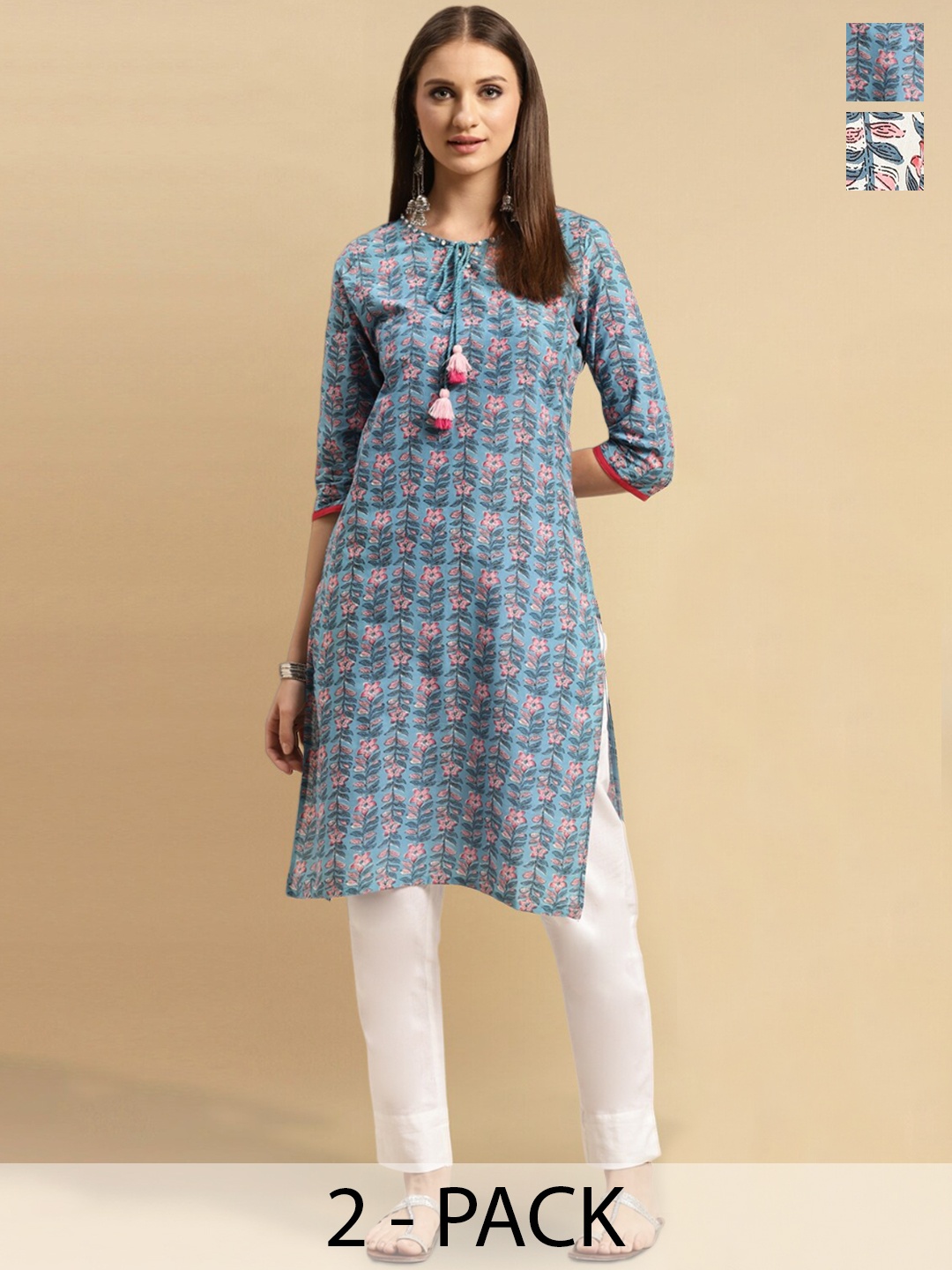 Rangita Selection Of 2 Ethnic Motifs Printed Cotton Straight Kurtas, Blue
