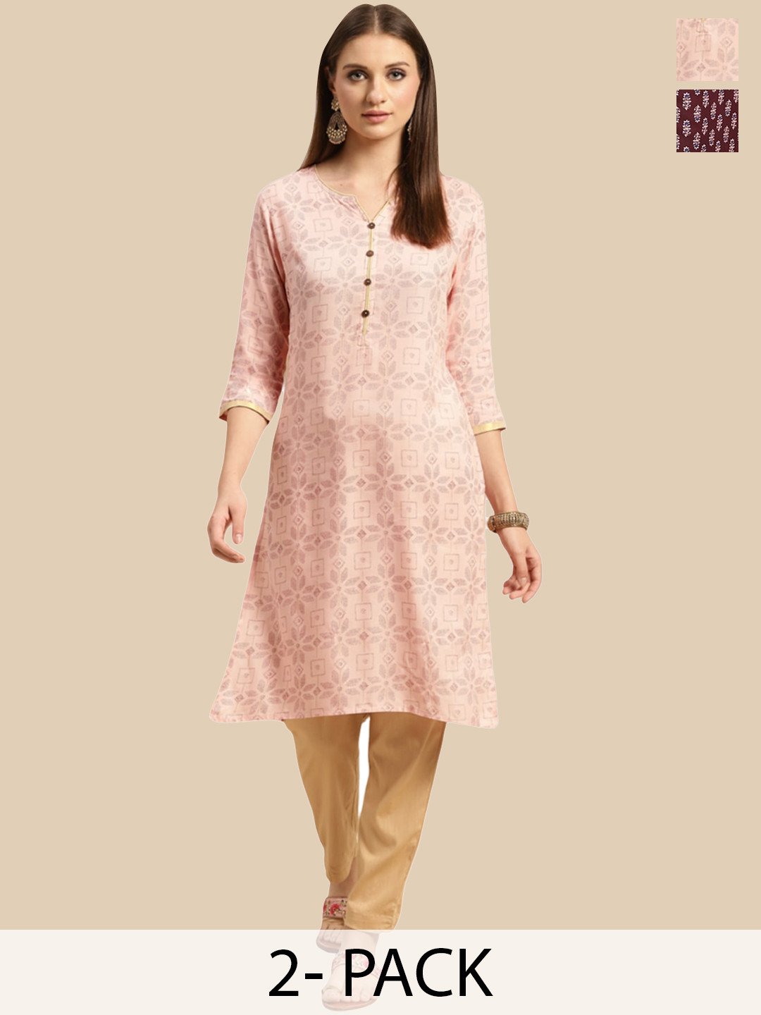 

Rangita Selection Of 2 Ethnic Motifs Printed Round Neck Straight Kurtas, Peach