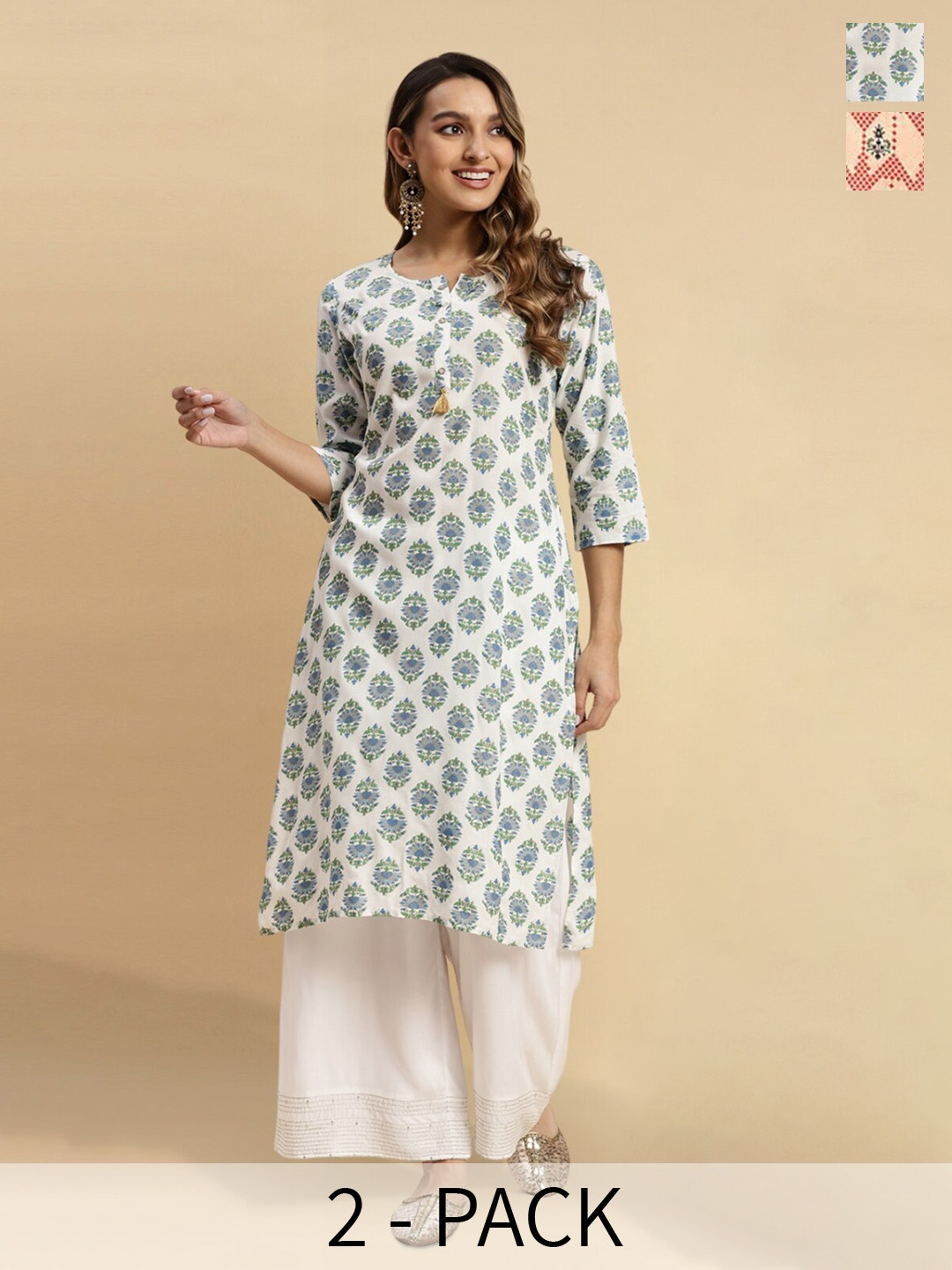 

Rangita Selection Of 2 Ethnic Motifs Printed Notched Neck Straight Kurtas, White