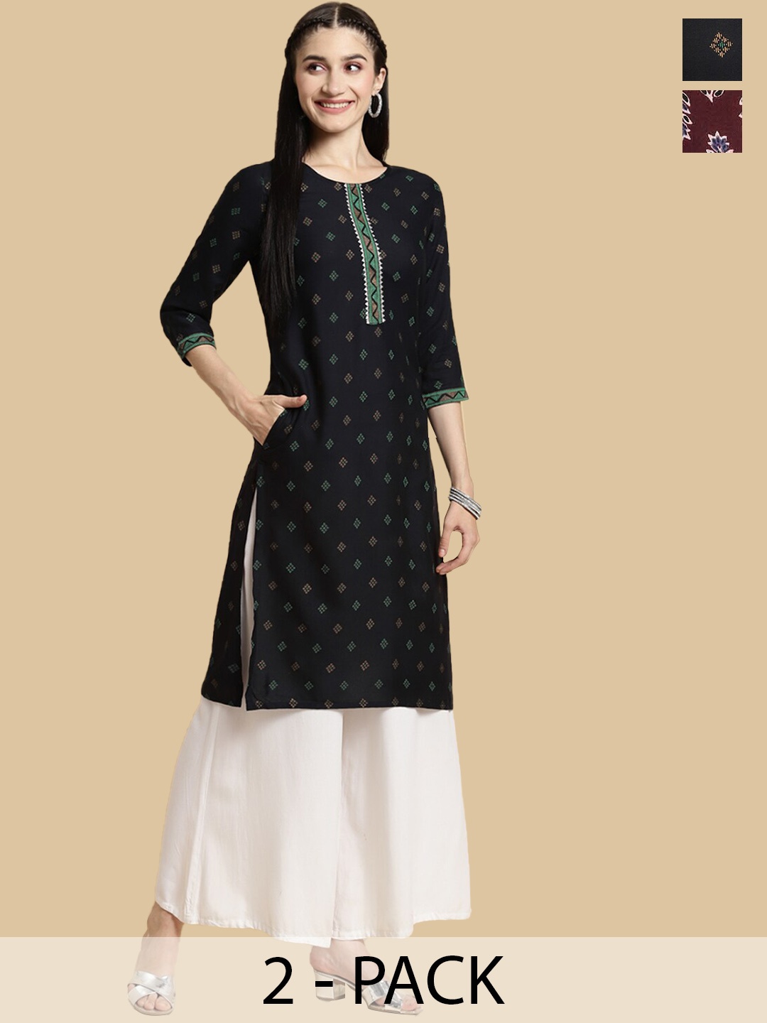 

Rangita Selection Of 2 Ethnic Motifs Printed Kurta, Navy blue