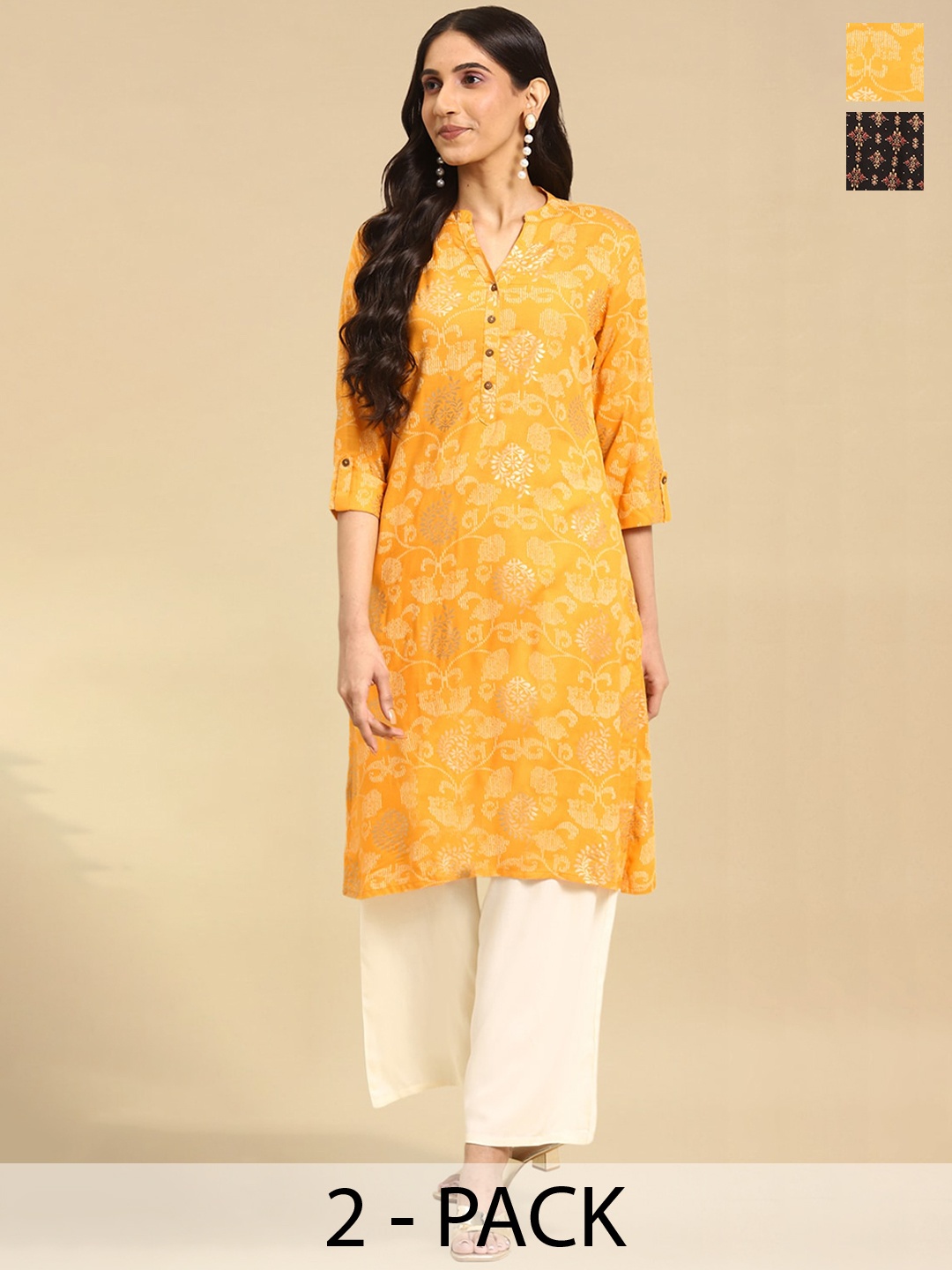 Rangita Selection Of 2 Ethnic Motifs Printed Kurta, Yellow