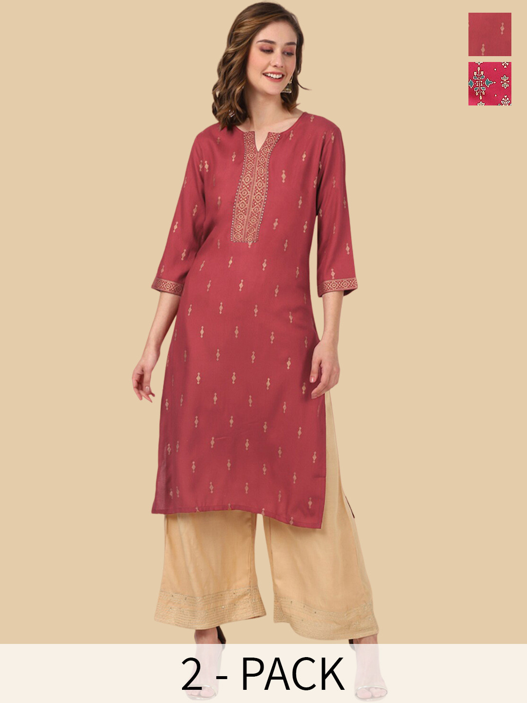 

Rangita Selection Of 2 Ethnic Motifs Printed Round Neck Straight Kurtas, Pink