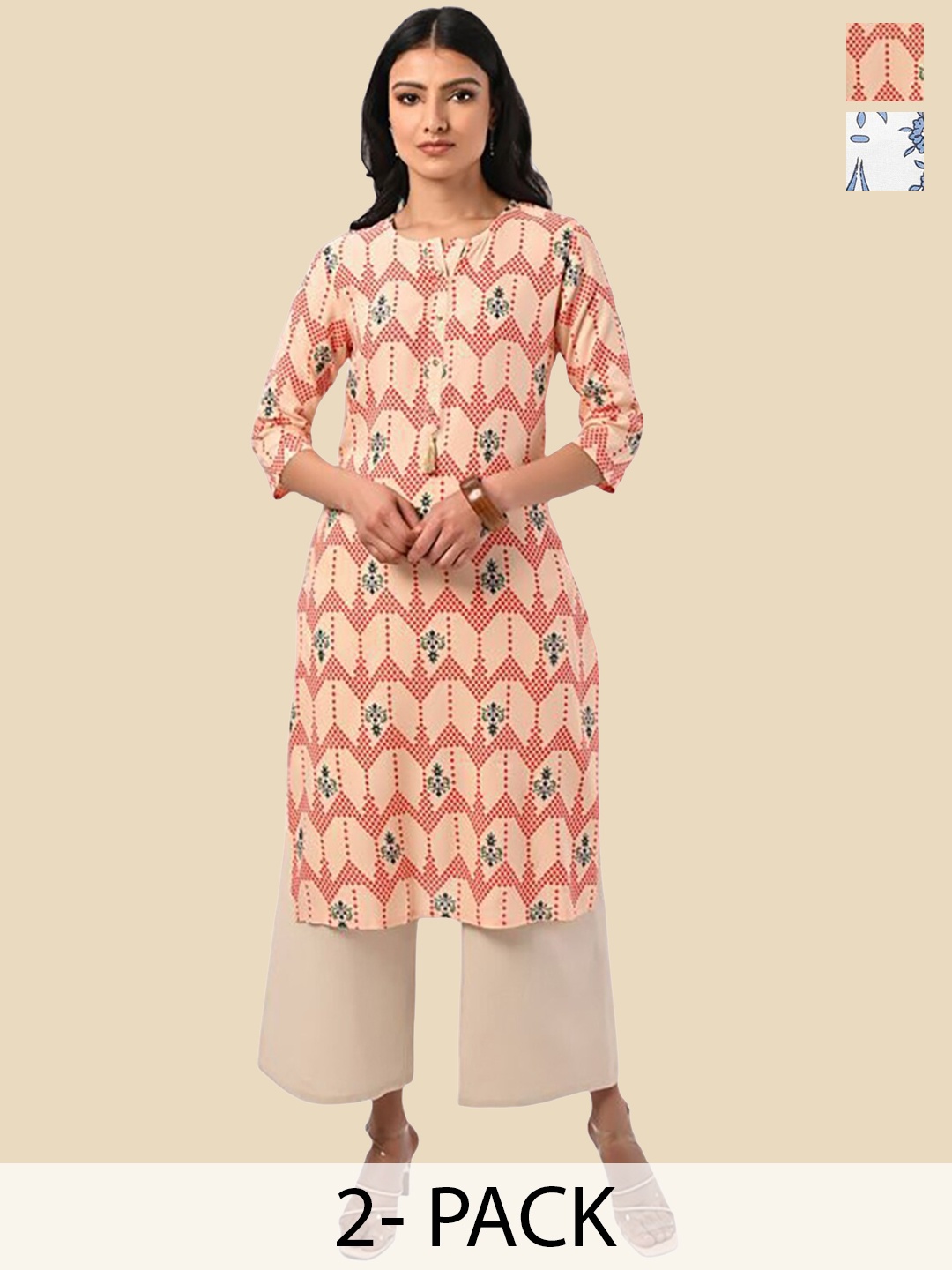 

Rangita Selection Of 2 Floral Printed Straight Kurtas, Peach