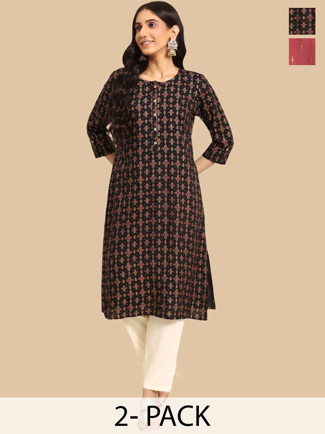 

Rangita Selection Of 2 Ethnic Motifs Printed Round Notched Neck Straight Kurtas, Black