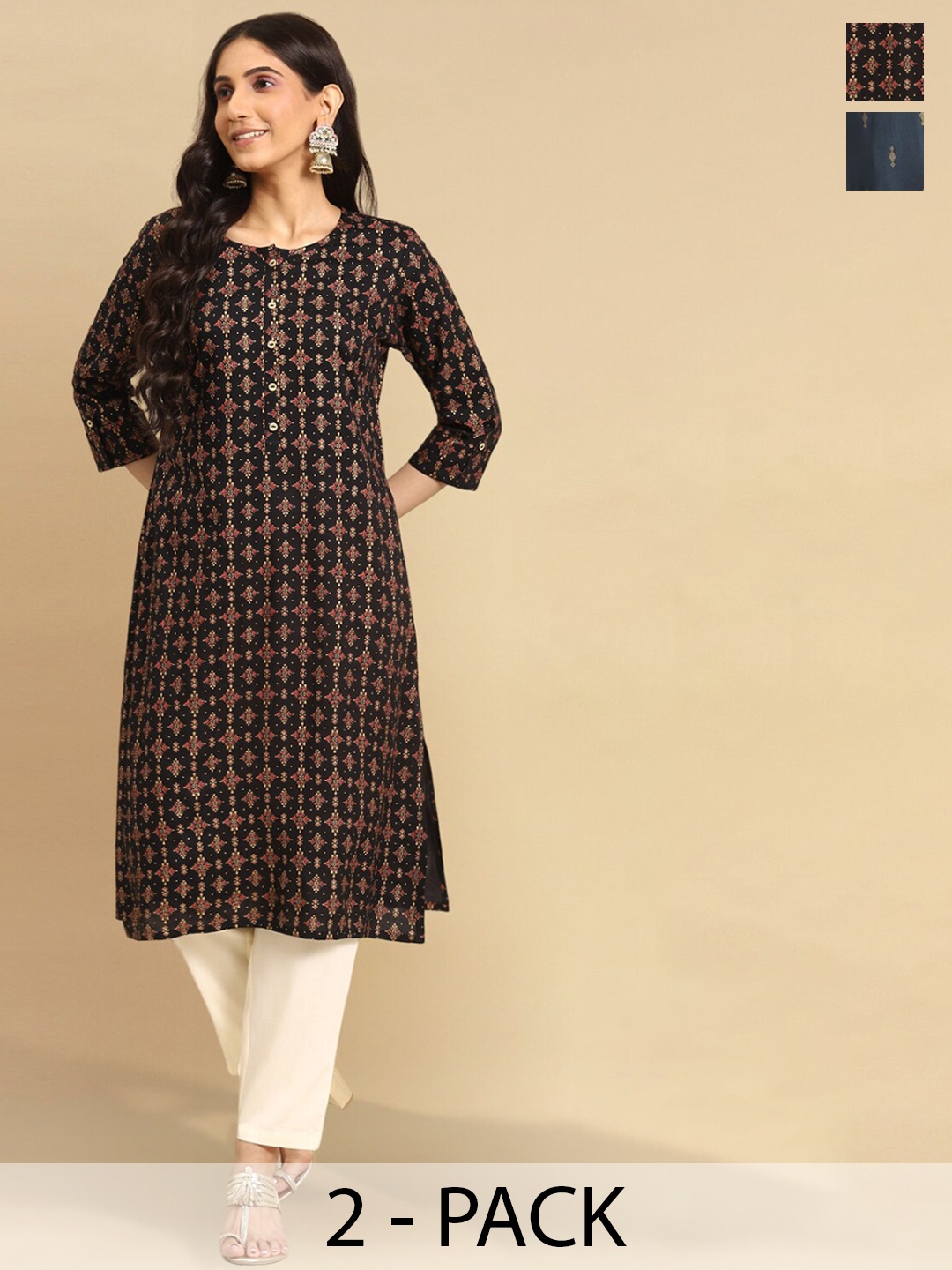 

Rangita Selection Of 2 Ethnic Motifs Printed Straight Kurtas, Black