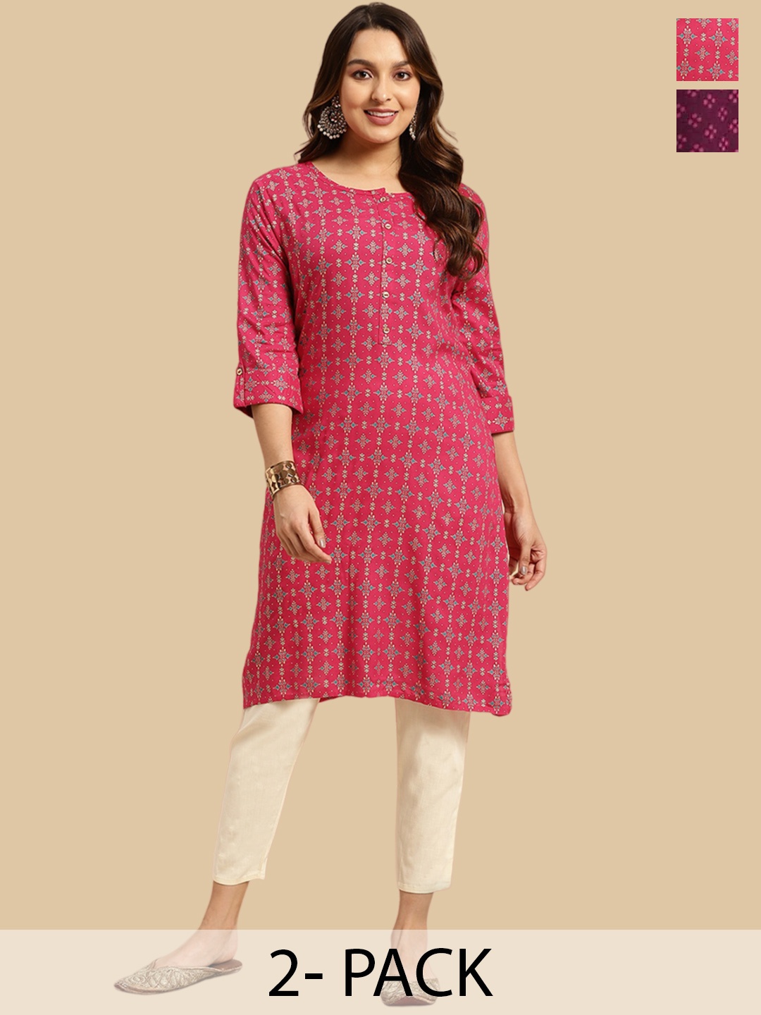 

Rangita Pack Of 2 Ethnic Motifs Printed Straight Kurtas, Pink