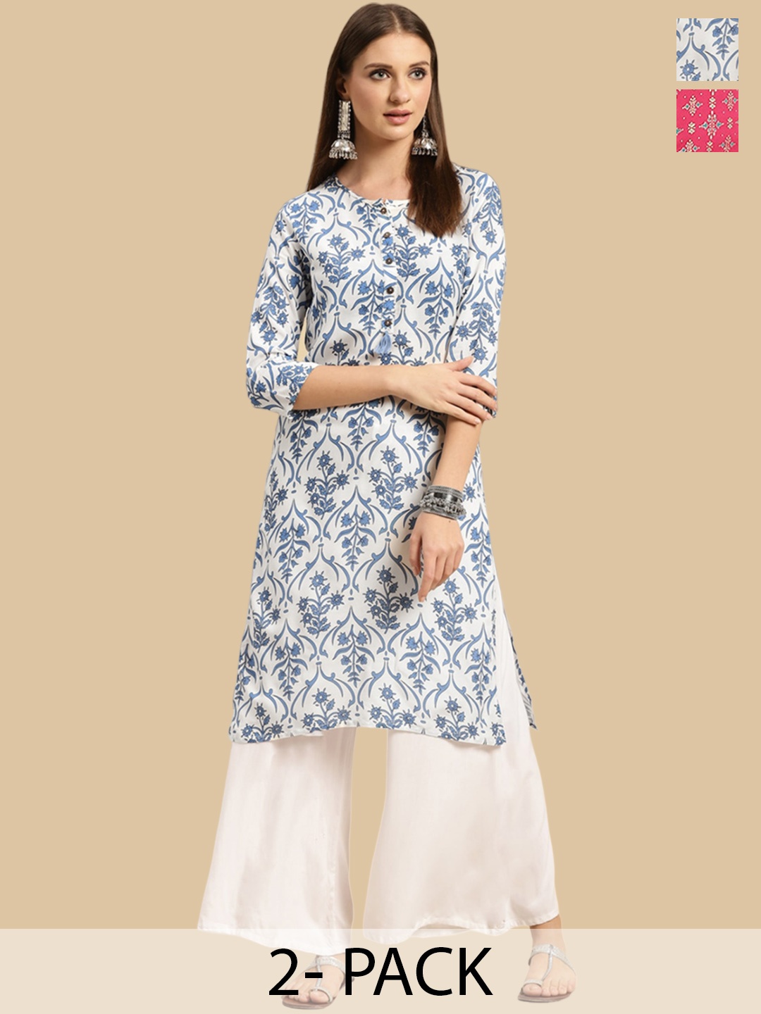 

Rangita Selection Of 2 Floral Printed Round Neck Straight Kurtas, White