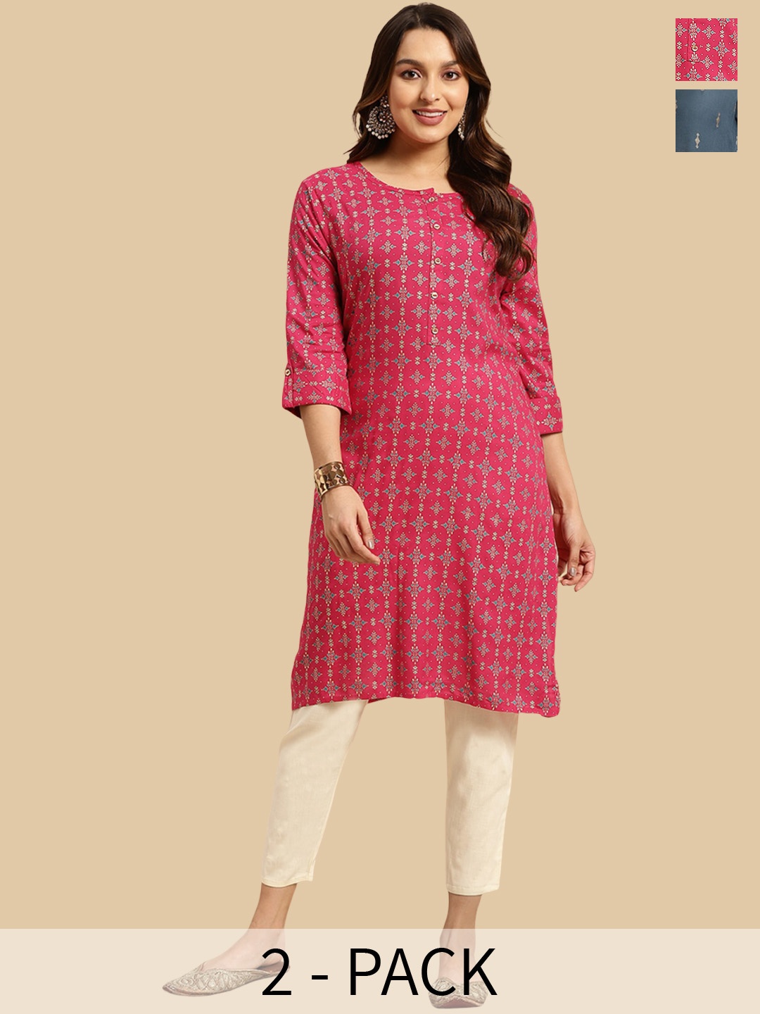 

Rangita Selection Of 2 Ethnic Motifs Printed Kurta, Pink