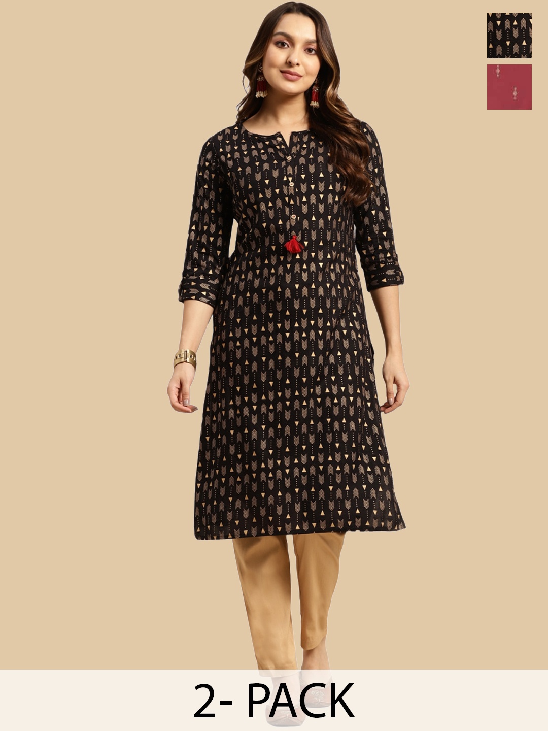 

Rangita Selection Of 2 Ethnic Motifs Printed Kurta, Black