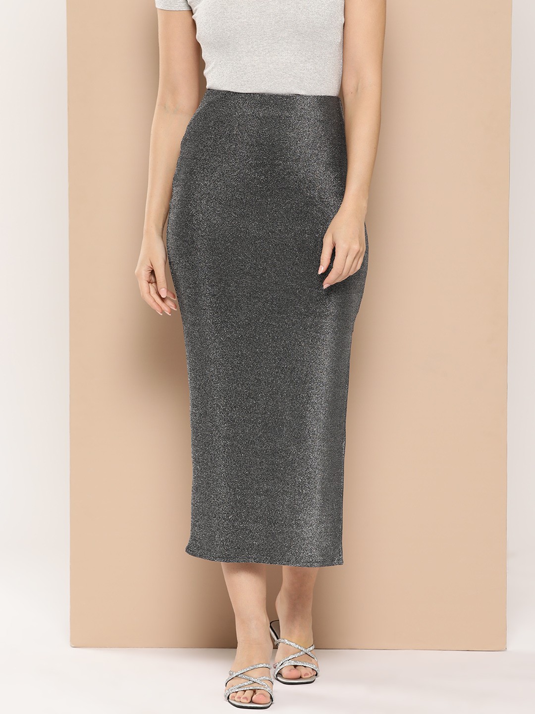 

Chemistry Women Solid Pencil Midi Skirt, Grey