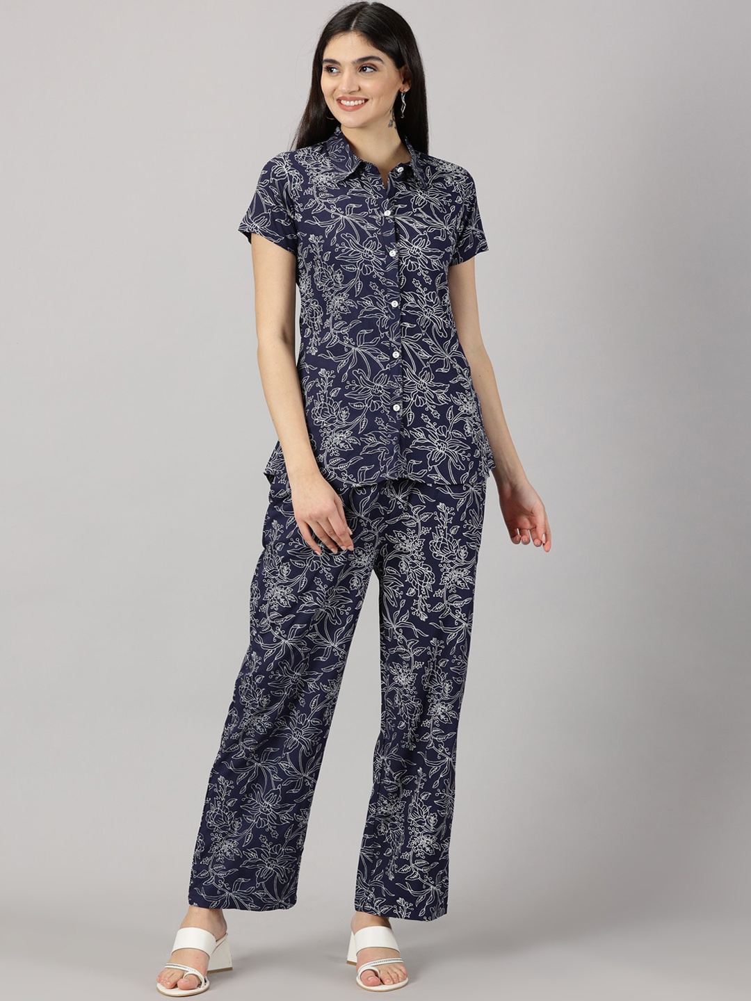 HEERAJI Floral Printed Short Sleeves Shirt With Trousers, Navy blue