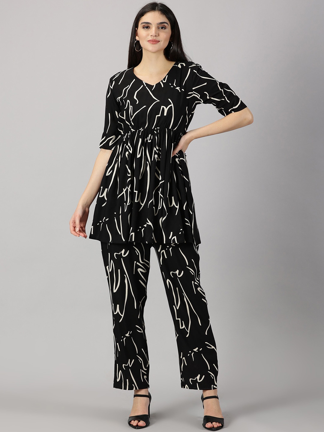 

HEERAJI Abstract Printed V-Neck Gathered Tunic With Trousers, Black