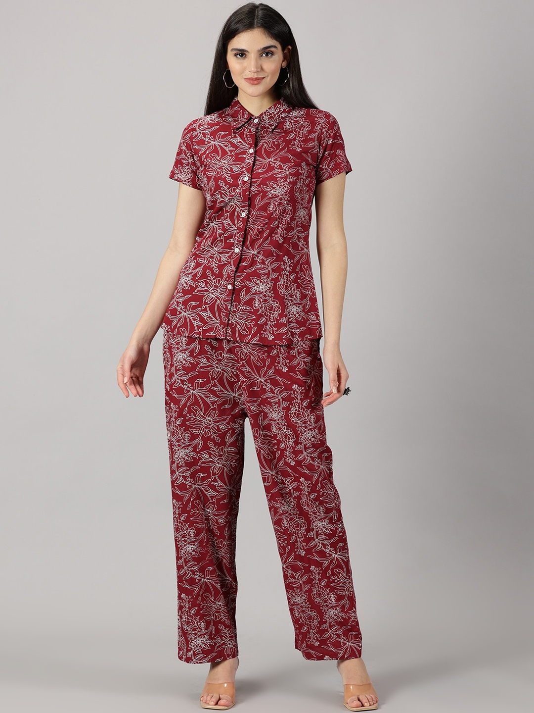 

HEERAJI Floral Printed Short Sleeves Shirt With Trousers, Maroon