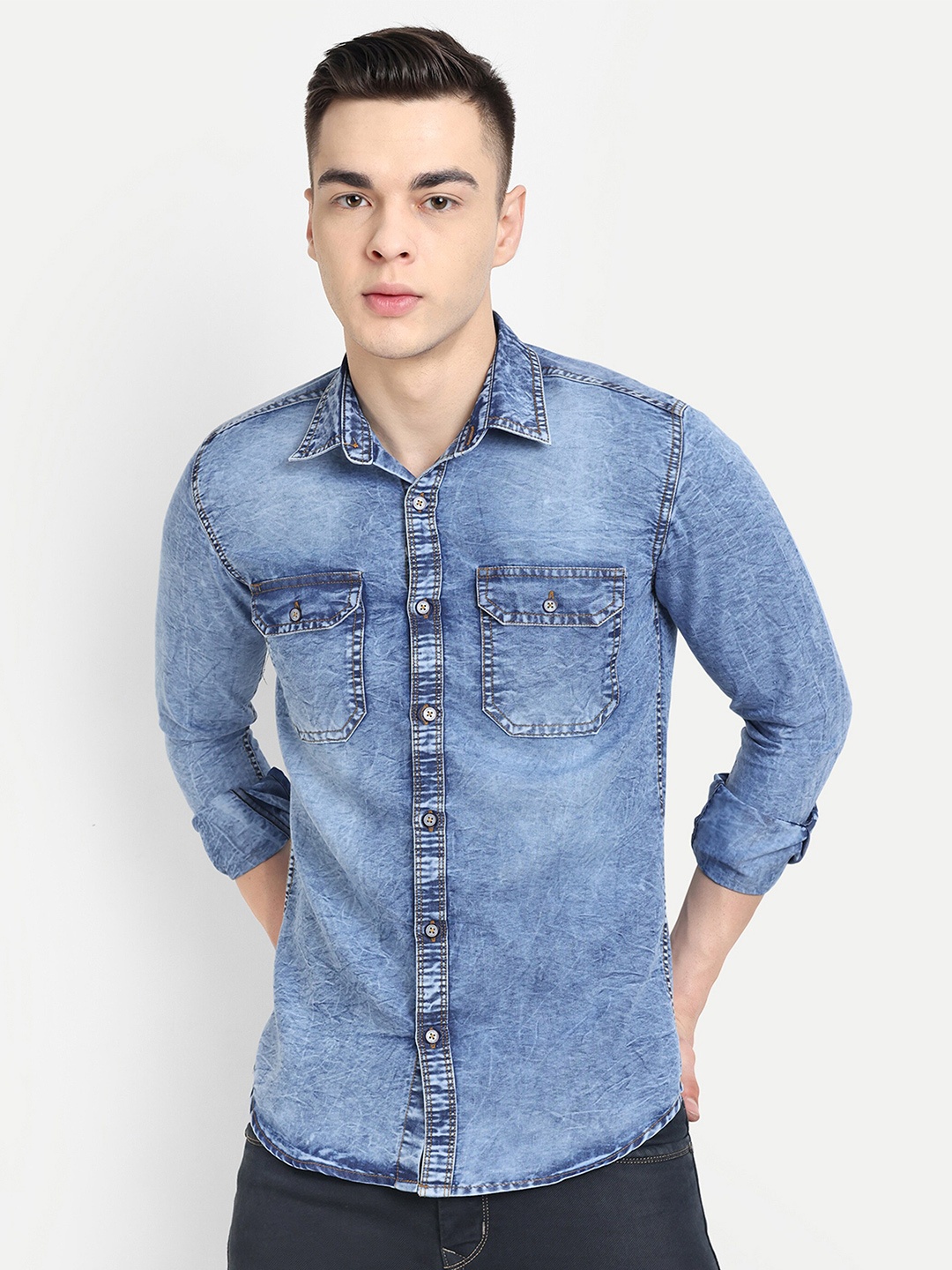 

CARBONN CLOTH Spread Collar Faded Denim Casual Shirt, Blue