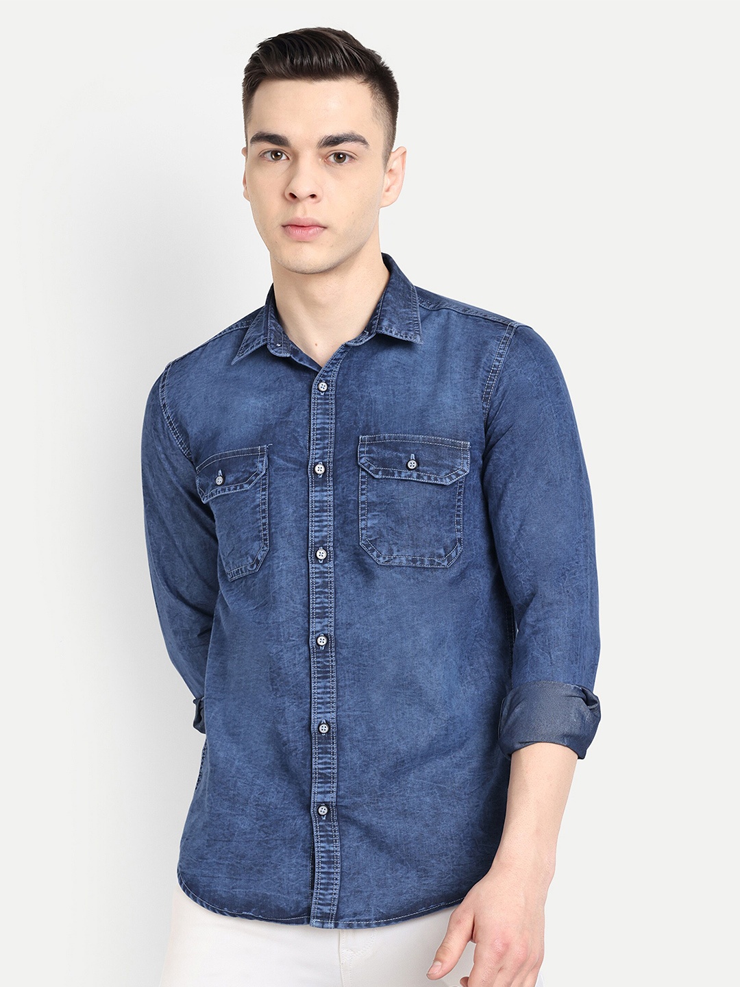 

CARBONN CLOTH Spread Collar Faded Denim Casual Shirt, Blue