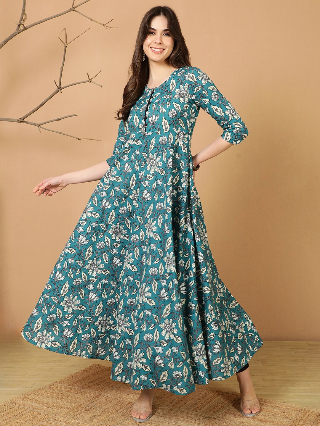 

antaran Round Neck Floral Print Flared Maxi Dress, Blue