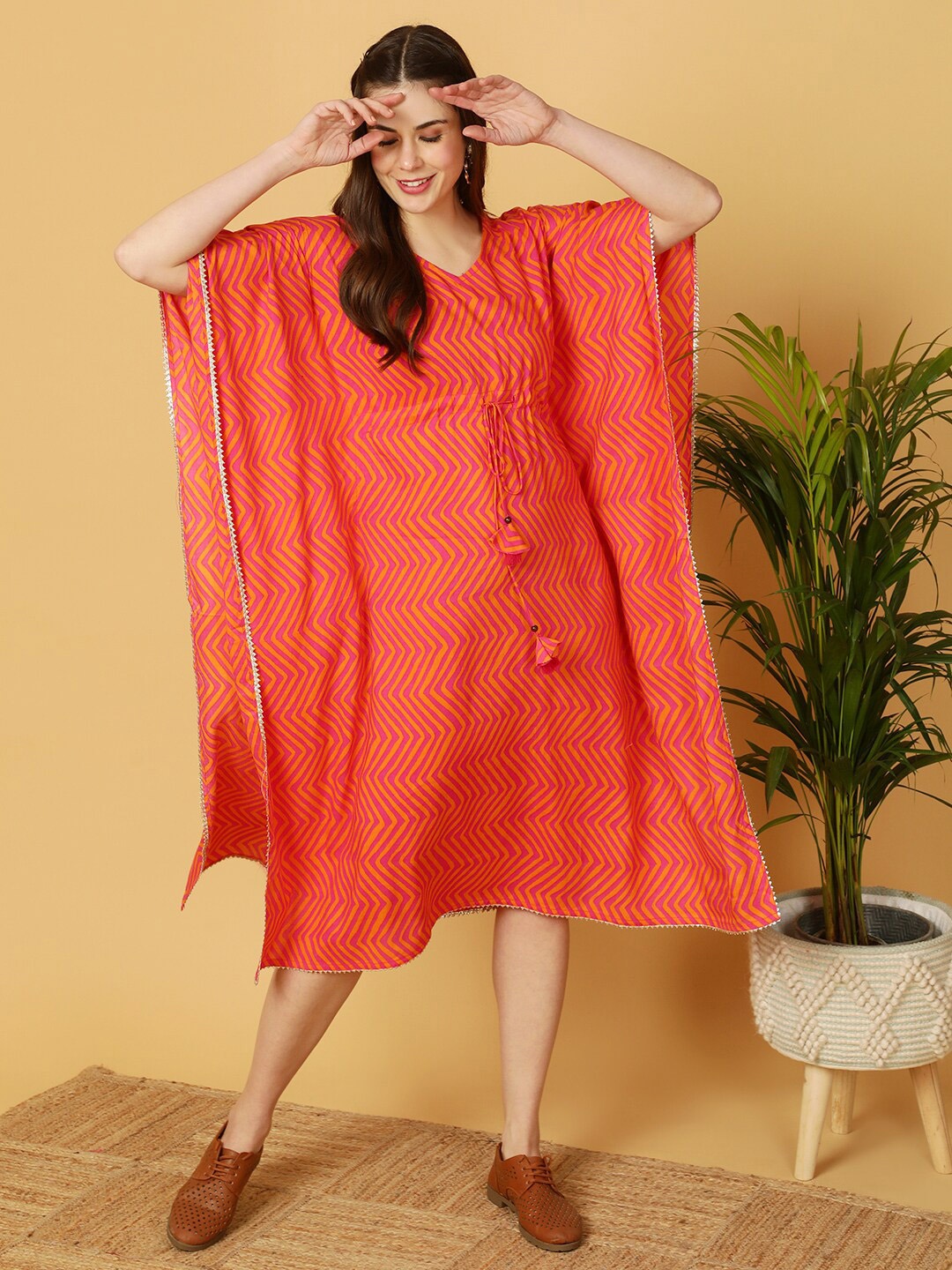 

antaran Striped Cotton V-Neck Three-Quarter Sleeves Kaftan Midi Dress, Pink