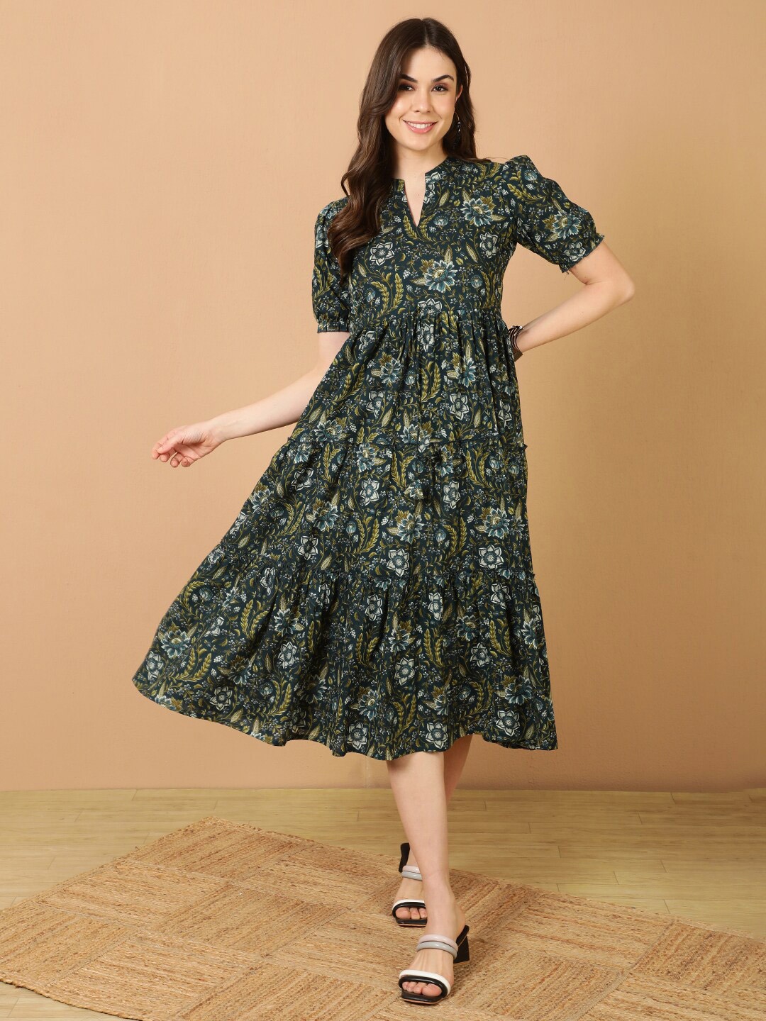 

antaran Mandarin Collar Floral Print Short Puff Sleeve A-Line Midi Dress, Blue