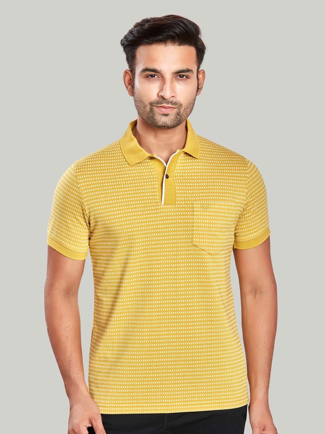 

CELSIUS Geometric Printed Polo Collar Short Sleeves Pockets Regular T-shirt, Yellow