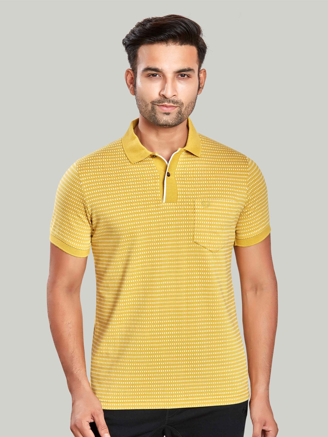 

CELSIUS Geometric Printed Polo Collar Short Sleeves Pockets Regular T-shirt, Yellow