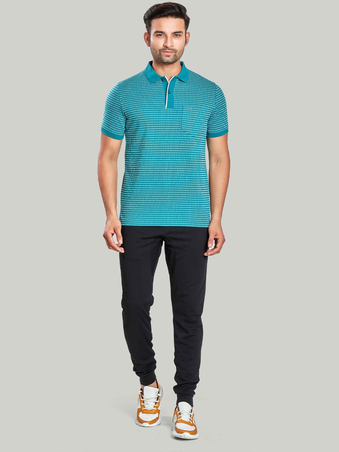 

CELSIUS Geometric Printed Polo Collar Short Sleeves Pockets Regular T-shirt, Teal