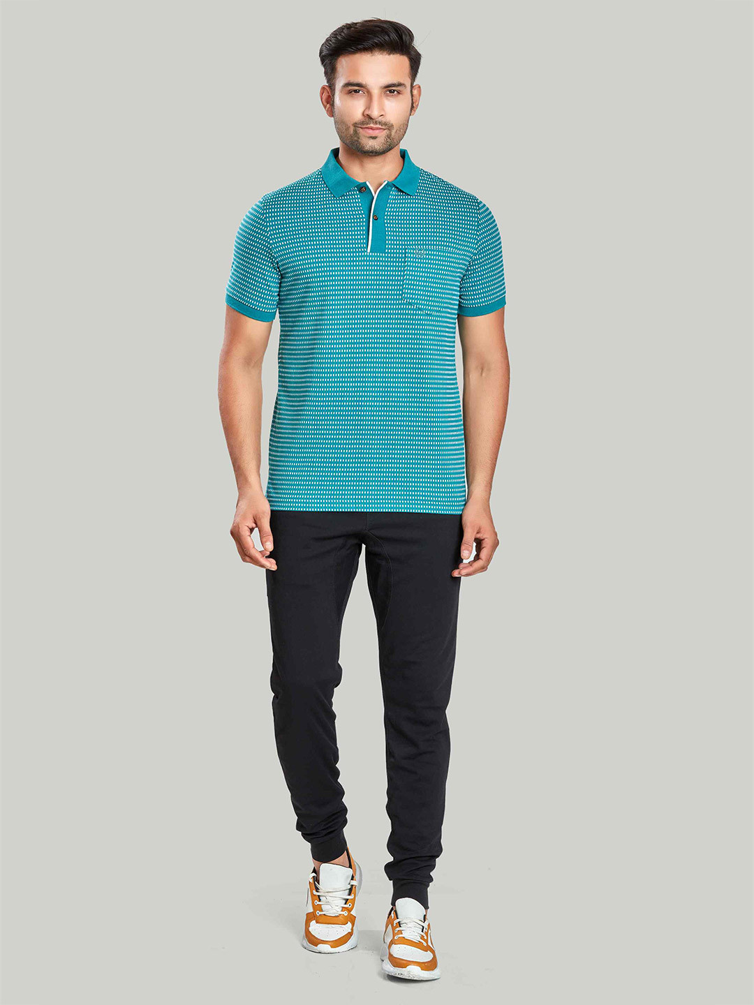 

CELSIUS Polo Neck Geometric Printed Cotton T Shirt, Teal