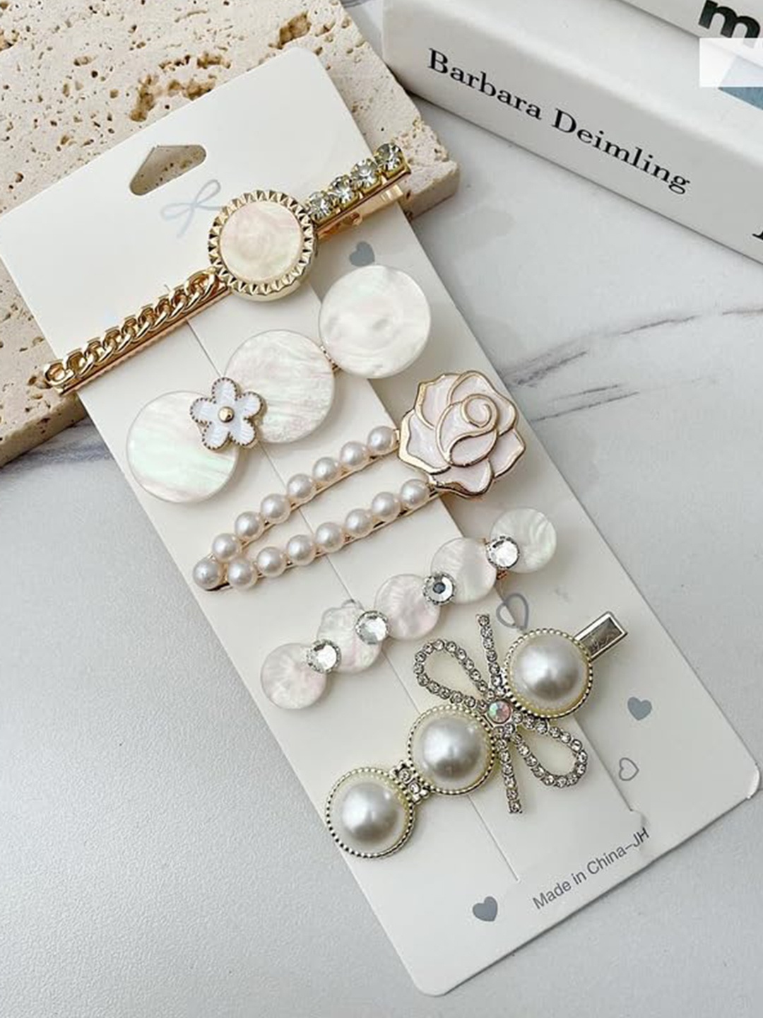 

SYGA Set of 5 Rhinestone Studded & Beads Beaded Alligator Hair Clips, White