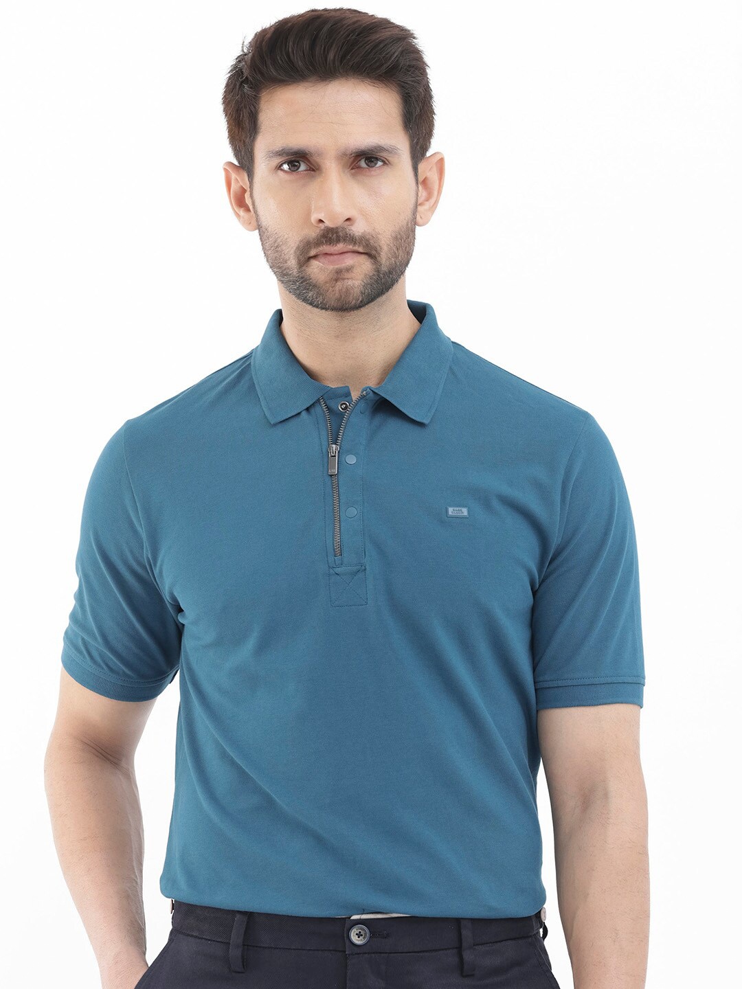 

RARE RABBIT Men Rings-4 Slim Fit Solid Polo Collar T-Shirt, Teal