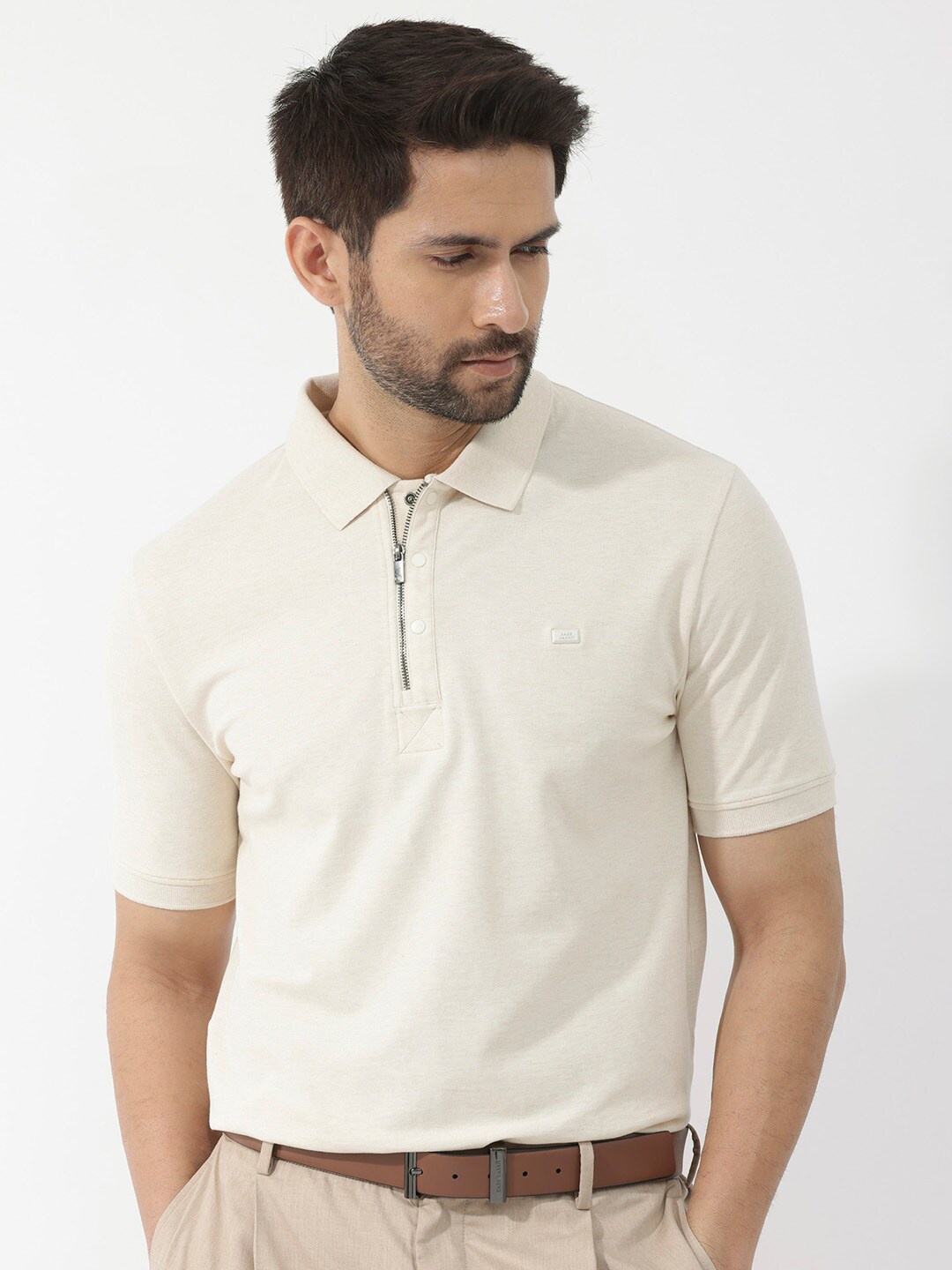 

RARE RABBIT Men Rings-4 Slim Fit Solid Polo Collar T-Shirt, Beige