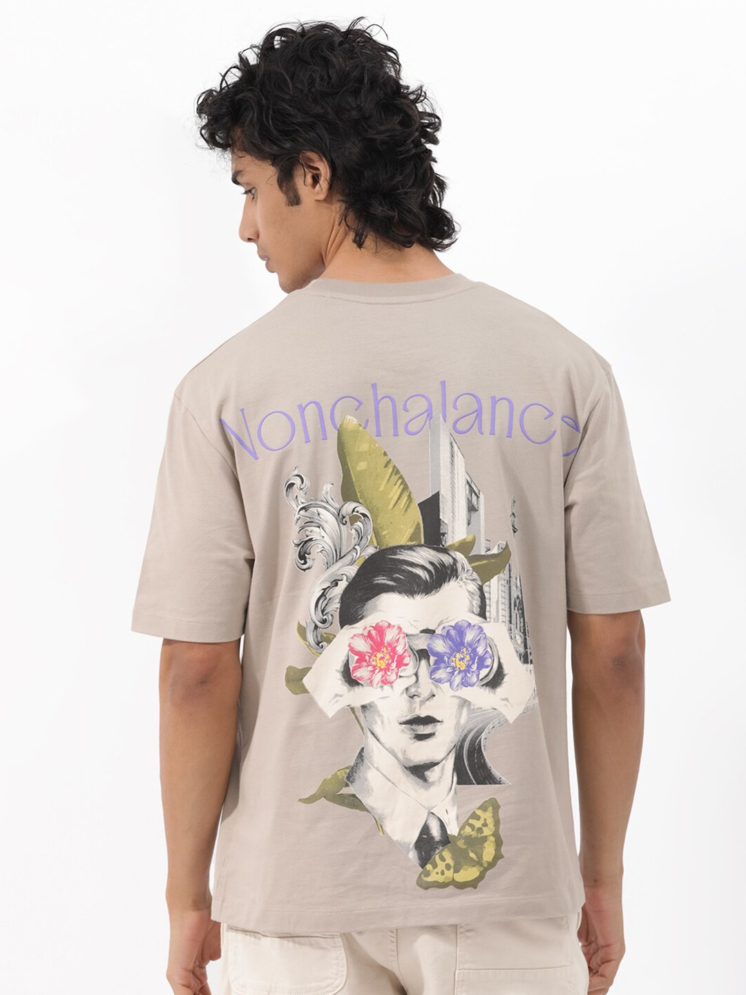 

RARE RABBIT Men Pov Slim Fit Graphic Printed s Cotton T-Shirt, Beige