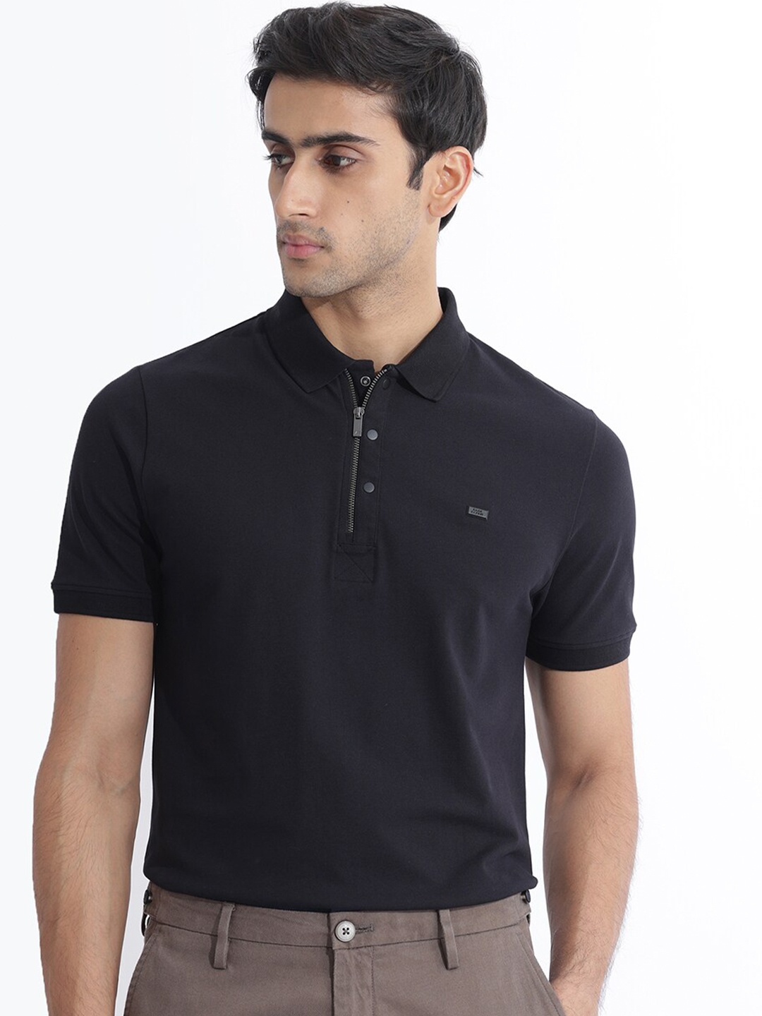

RARE RABBIT Men Rings-4 Slim Fit Solid Polo Collar T-Shirt, Black