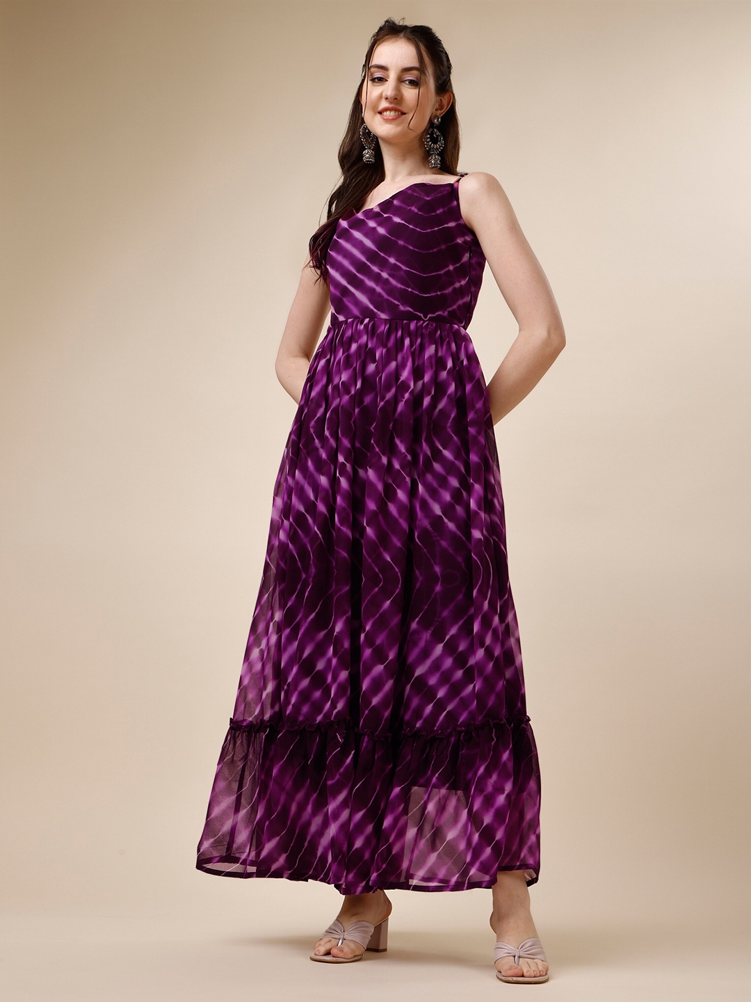

Vaidehi Fashion Shoulder Straps Ruffles Georgette Maxi Dress, Purple