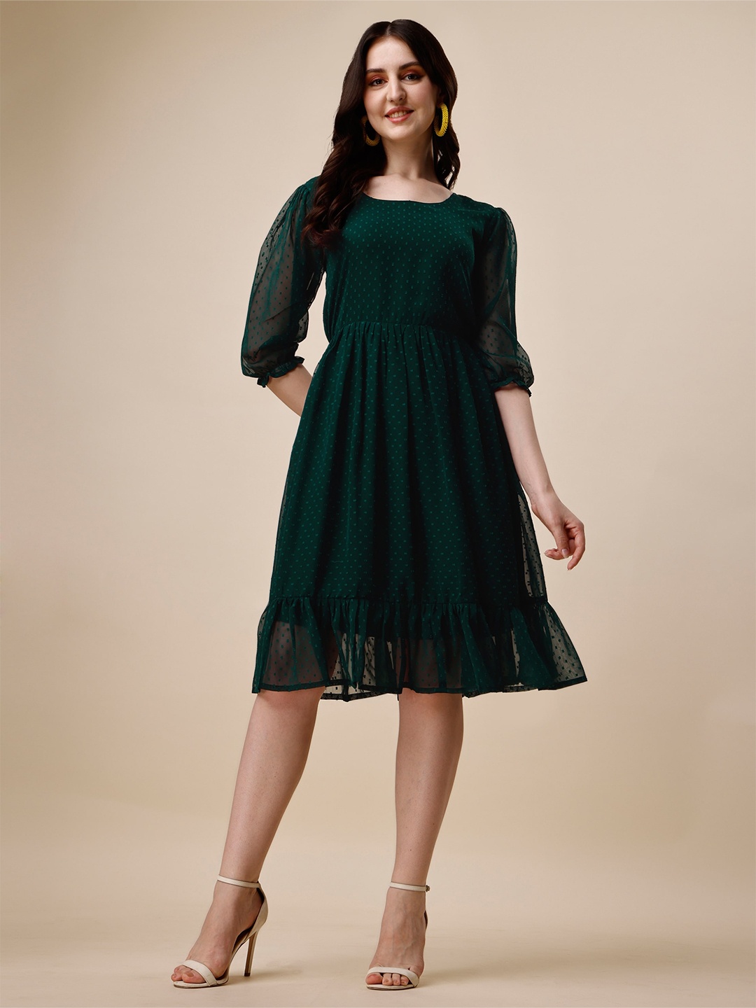 

Vaidehi Fashion Round Neck Ruffled Georgette Fit & Flare Dress, Green