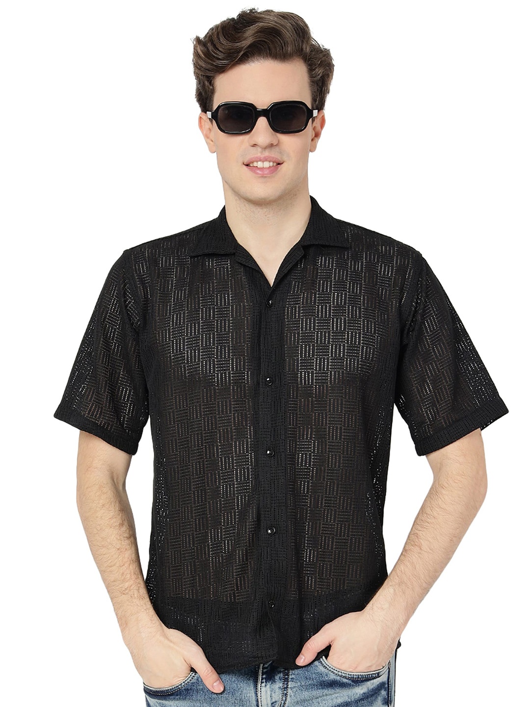 

GETCHI Self Design Comfort Casual Shirt, Black