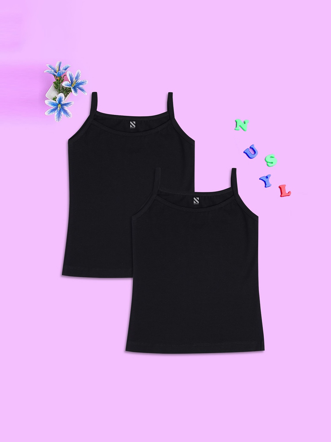 

NUSYL Girls Pack Of 2 Cotton Camisoles, Black