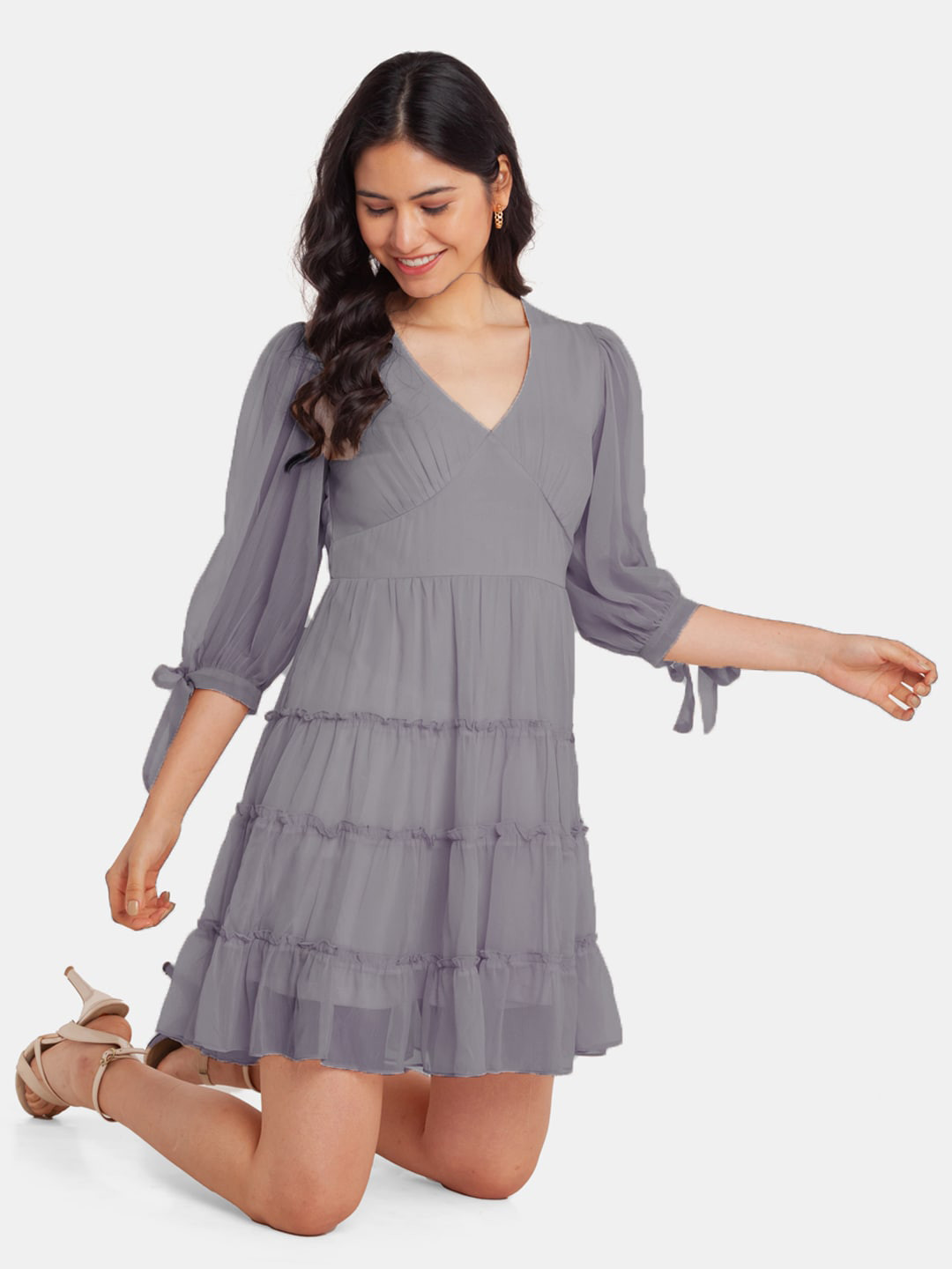 

Zink London Tiered V-Neck Puff Sleeves Mini Fit & Flare Dress, Grey