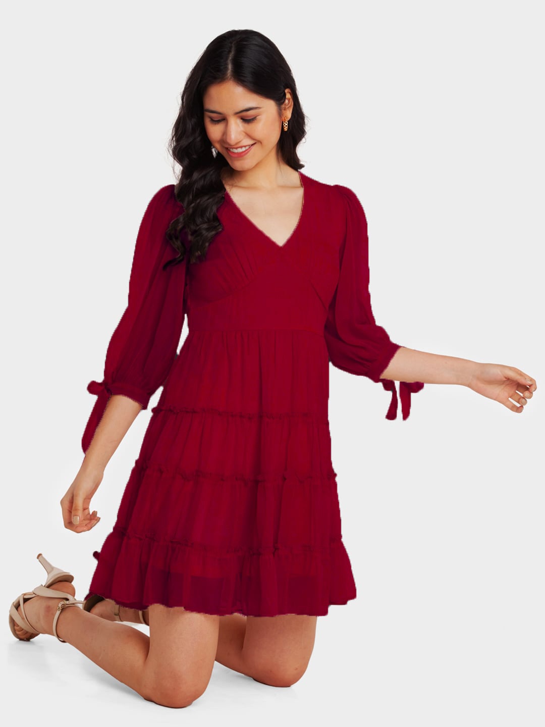 

Zink London Tiered V-Neck Puff Sleeves Mini Fit & Flare Dress, Red