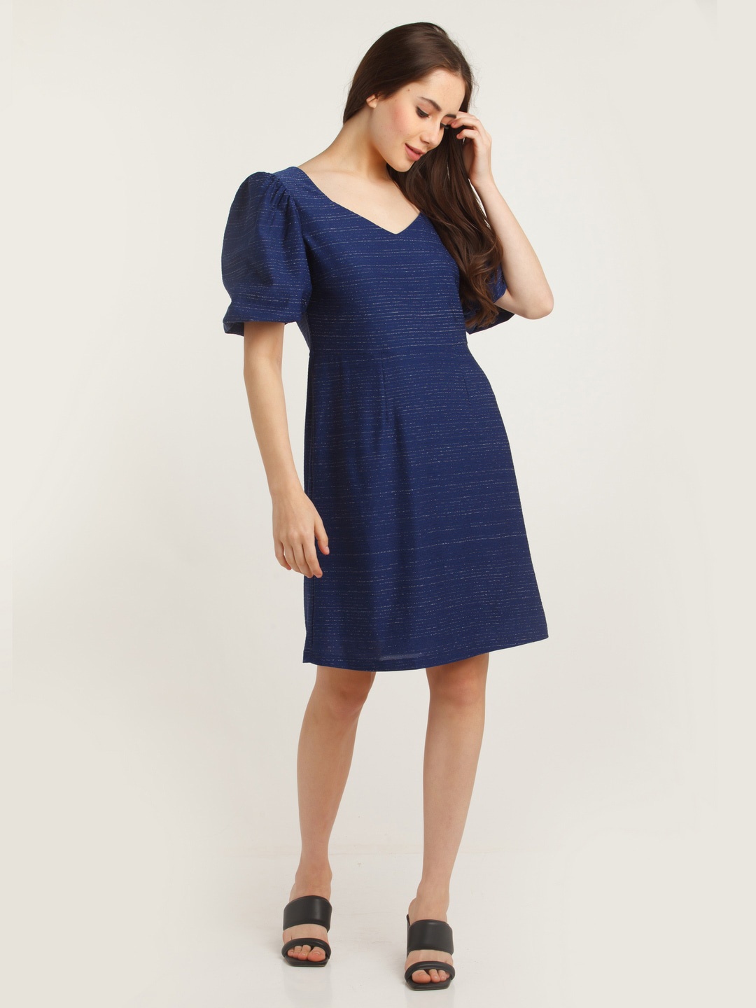 

Zink London Striped V-Neck Puff Sleeves Above Knee A-Line Dress, Navy blue