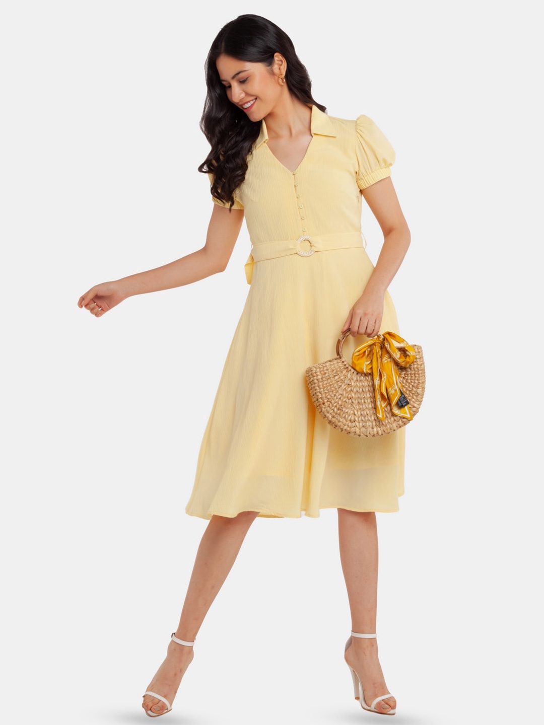 

Zink London Shirt Collar Short Puff Sleeves Knee Length Fit & Flare Dress, Yellow