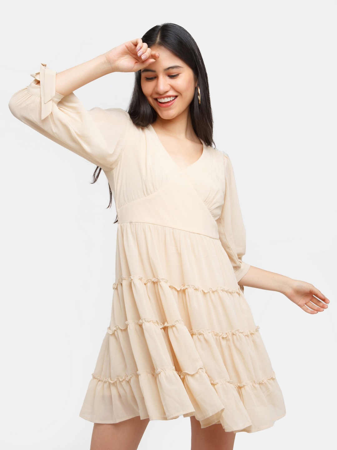 

Zink London Tiered V-Neck Puff Sleeves Mini Fit & Flare Dress, Cream