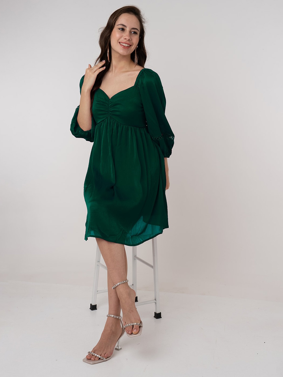 

Zink London Sweetheart Neck Puff Sleeves Above Knee Empire Dress, Green